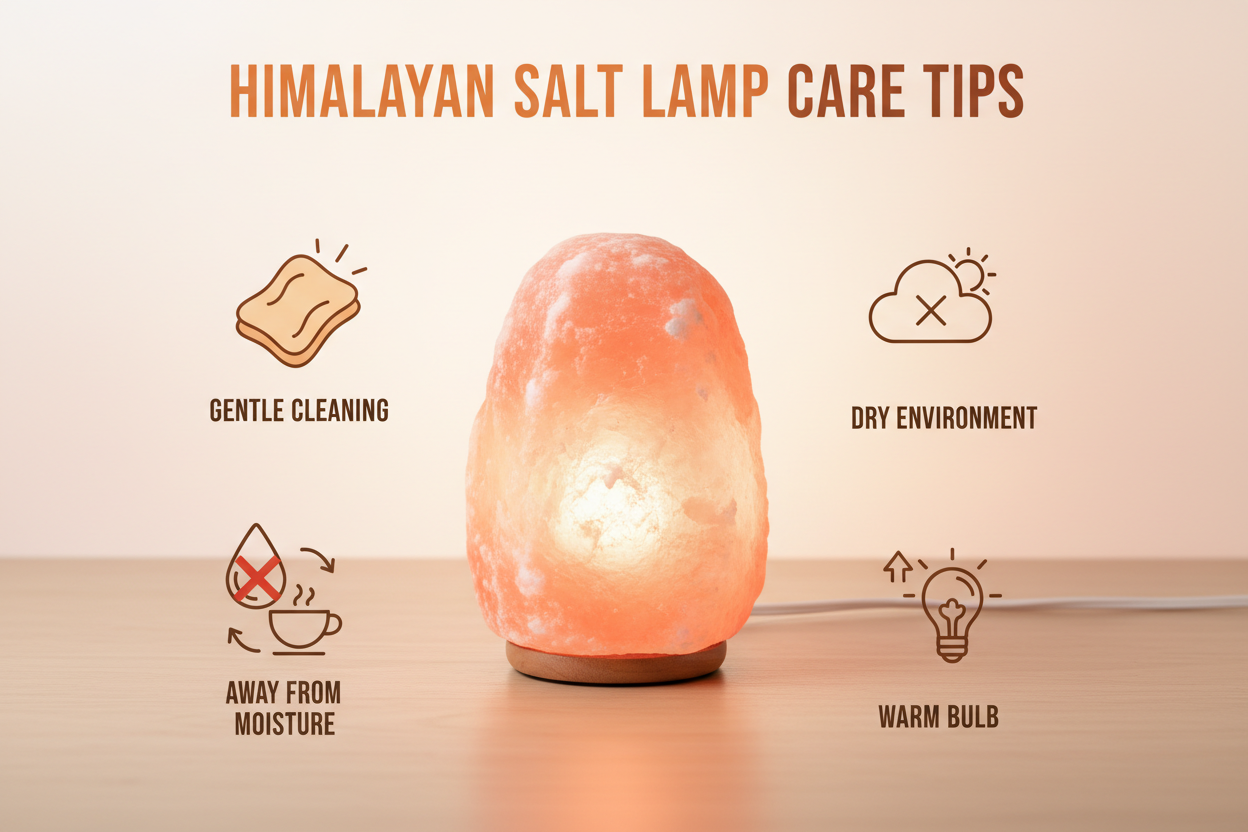 Himalaya zoutlamp op houten voet met warm licht voor zoutlamp onderhouden tips