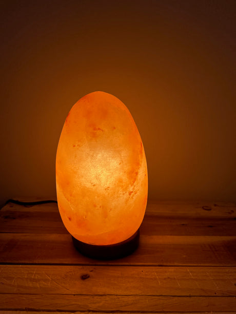 Himalaya Zoutlamp in ei-vorm van roze zoutkristal op houten voet met warm dimbaar licht