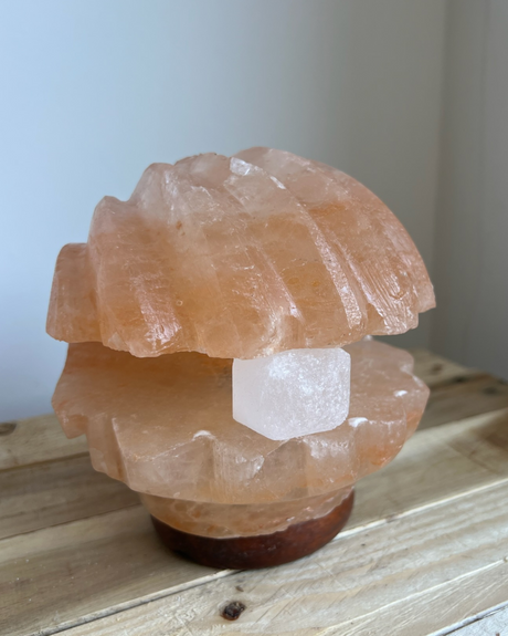 Handgemaakte Himalaya zoutlamp in schelpvorm met parel, op houten voet, geeft warm en sfeervol licht.