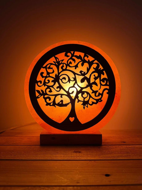 Himalaya zoutlamp Levensboom 3D met warme gloed en natuurlijke houtvoet