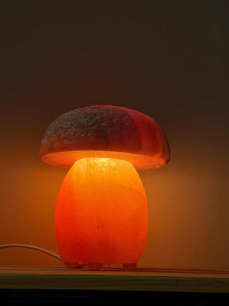 Himalaya zoutlamp paddenstoelvorm met warme roze en rode gloed, inclusief kabel en reservelampje