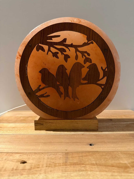 Himalaya zoutlamp vogels 3D, handgemaakt, met warm licht en houten voet